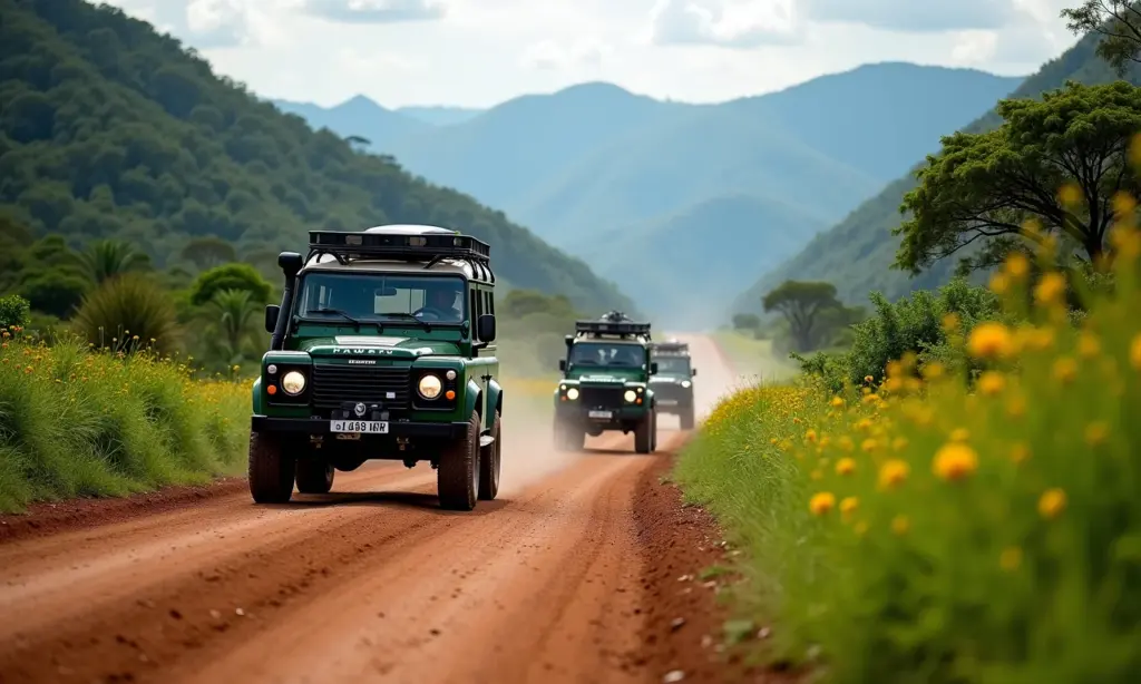 Comboio de veículos 4x4 atravessando estrada de terra em Minas Gerais, com vegetação exuberante e montanhas ao fundo.