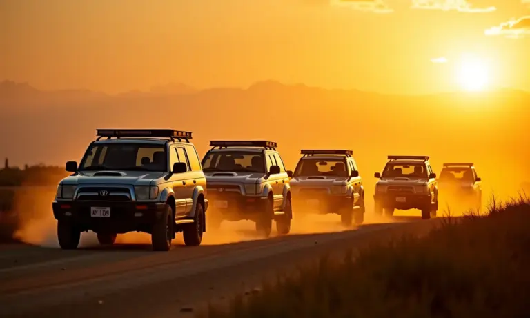 Comboio de veículos 4x4 atravessando paisagem poeirenta ao pôr do sol no Brasil.