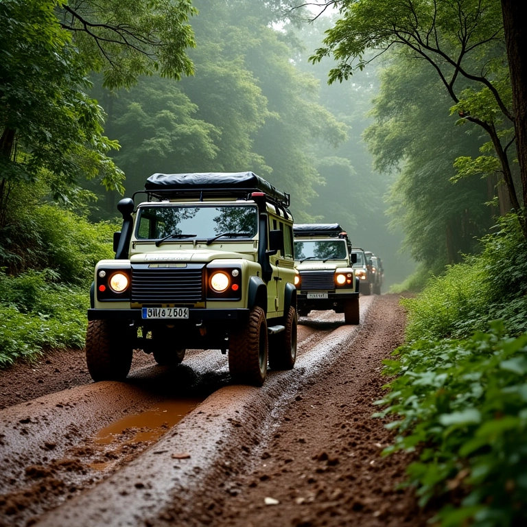 Comboio de veículos 4x4 em trilha lamacenta em Mairiporã, São Paulo.