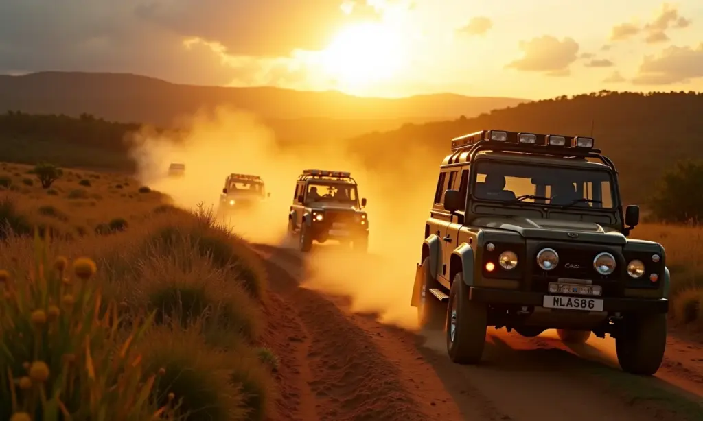 Comboio de veículos 4x4 em trilha na Serra do Roncador, Mato Grosso.
