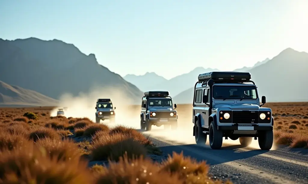 Comboio de veículos 4x4 percorrendo a Carretera Austral, Patagônia, Chile.