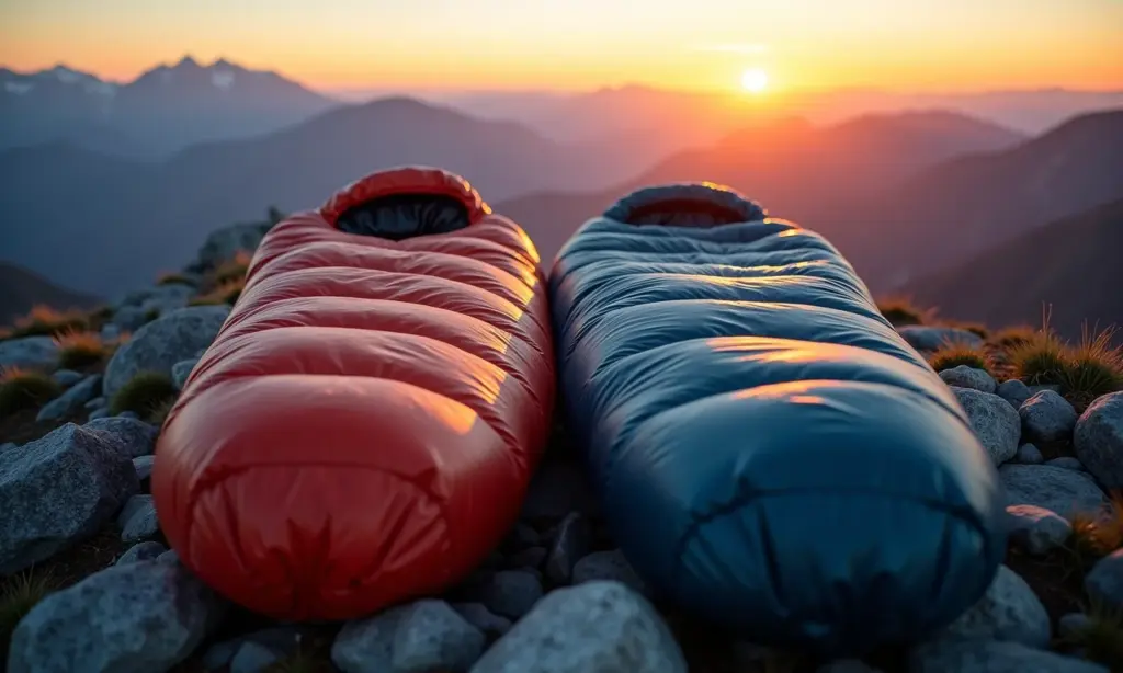 Comparativo de sacos de dormir: pluma de ganso e sintético.