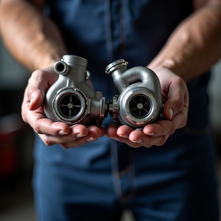 Comparativo visual entre compressor mecânico e turbo, detalhe das peças.