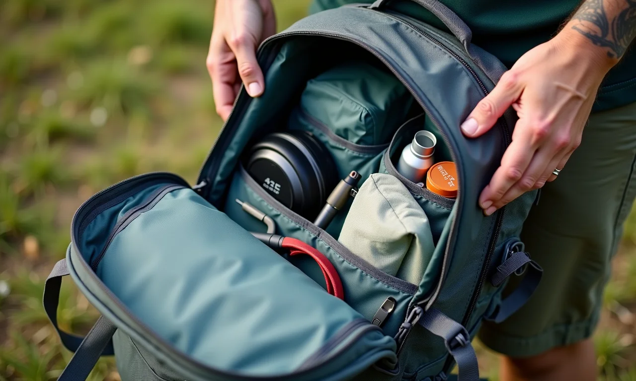 Compartimentos organizados de mochila cargueira feminina.