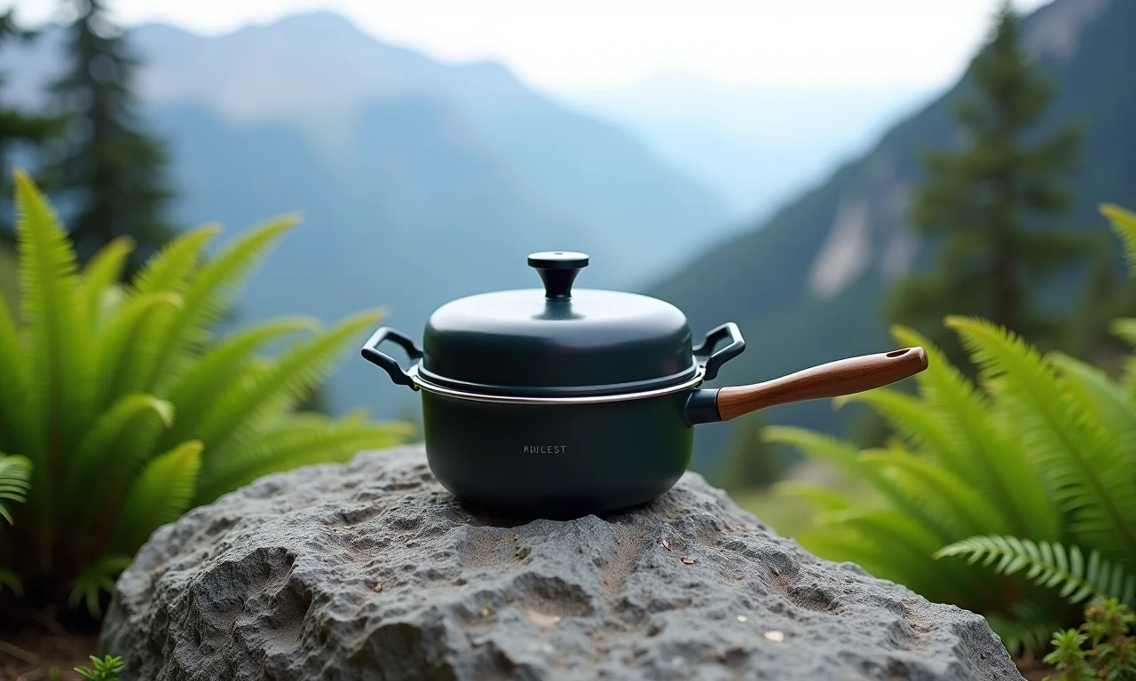 Conjunto de panelas de camping compacto em rocha com vista para montanhas.