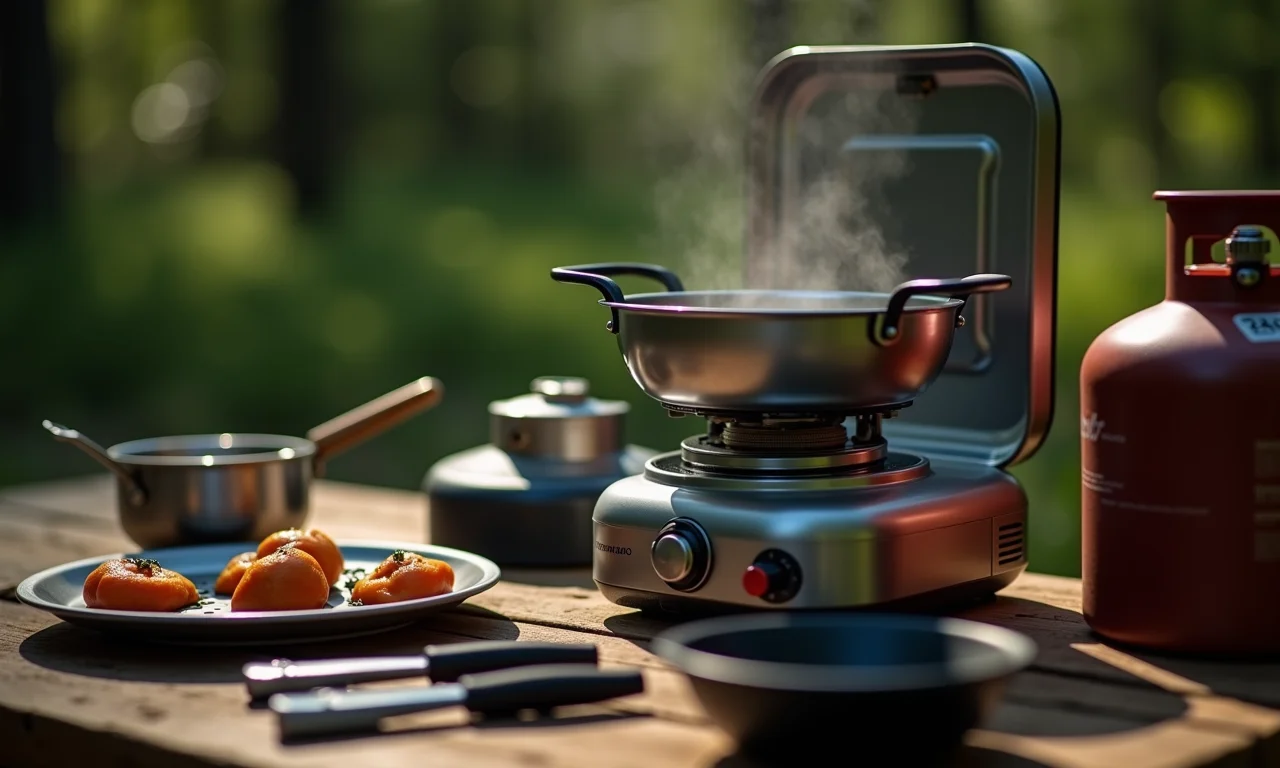 Cozinha compacta para acampamento: fogareiro, utensílios e gás.