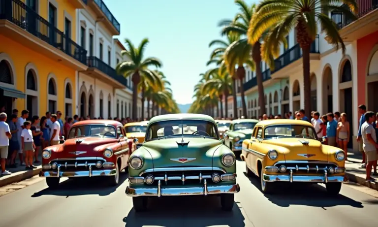 Desfile de carros antigos em rua ensolarada no Brasil.