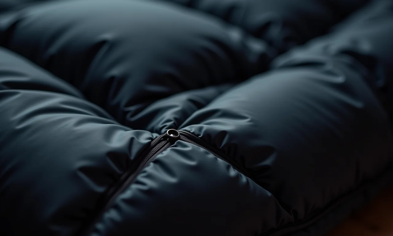 Detalhe da costura de um saco de dormir de pena de ganso.