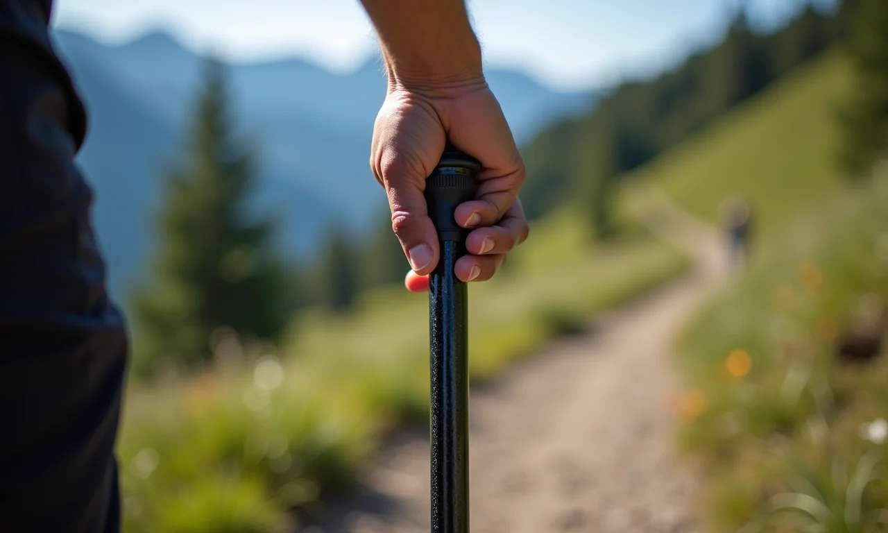 Detalhe da mão segurando bastão de fibra de carbono na trilha.