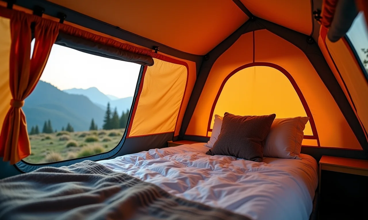 Detalhe das vantagens de uma barraca de teto: fácil montagem e vista elevada.