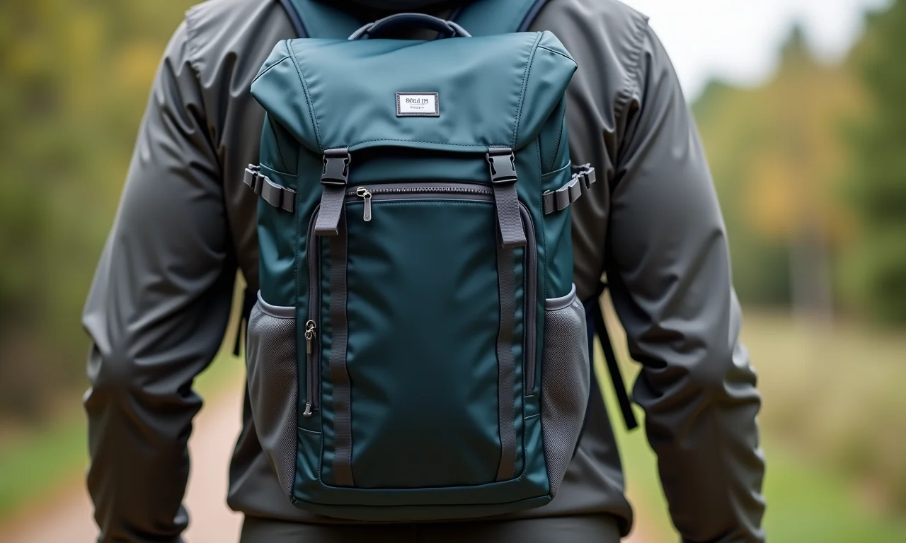 Detalhe de mochila cargueira de 80 litros em comparação com o corpo, mostrando o tamanho ideal.