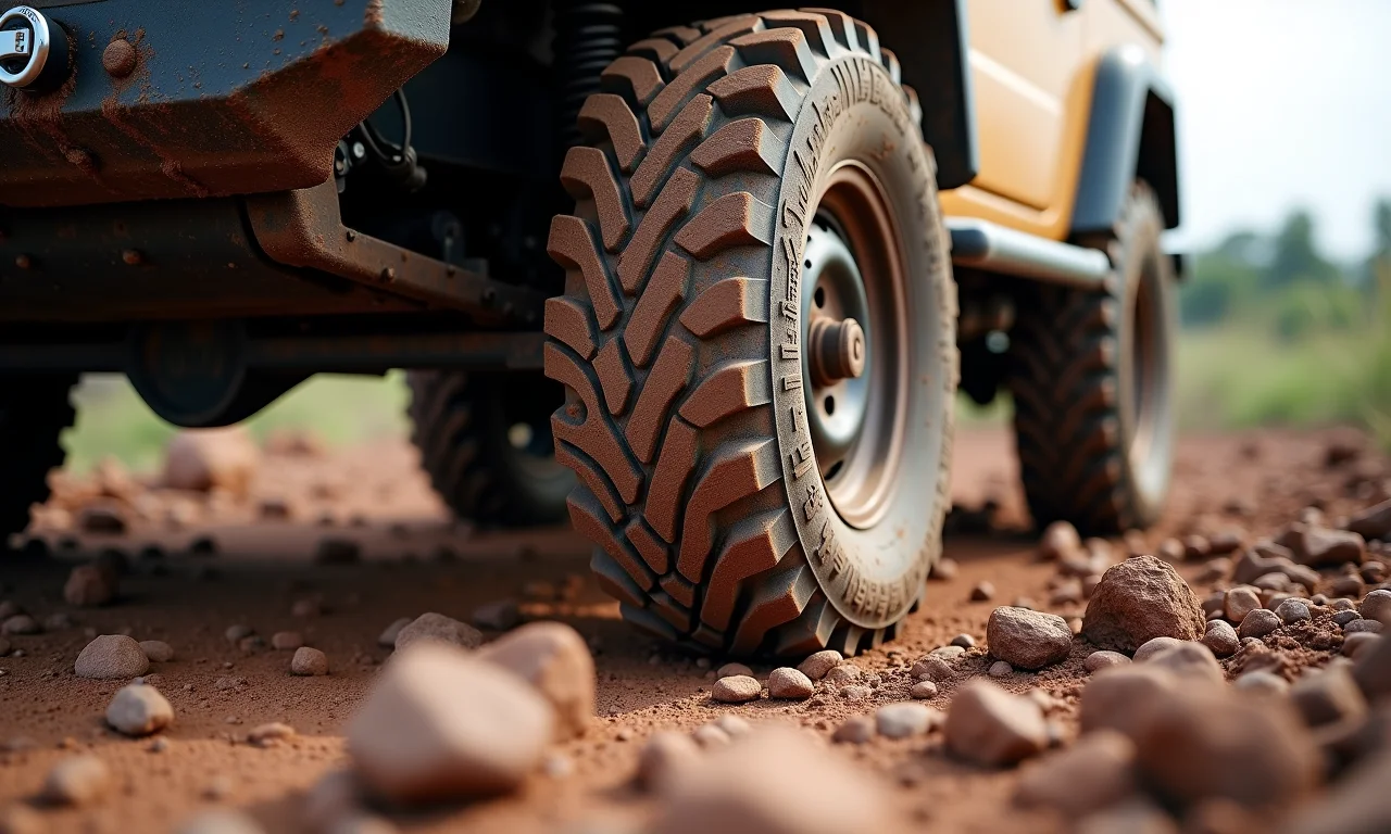 Detalhe de pneus off-road em terreno rochoso durante trilha 4x4 em Caconde.