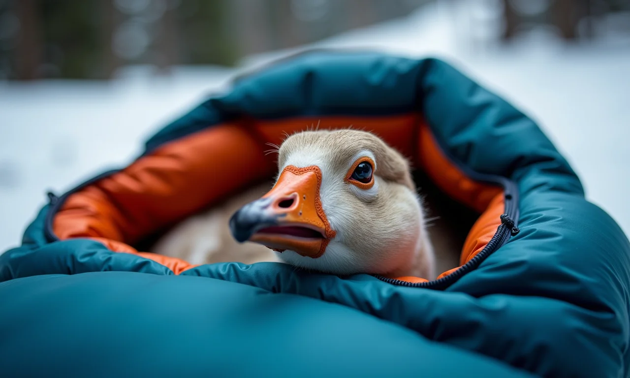 Detalhe de saco de dormir de pluma de ganso: leve e compacto.