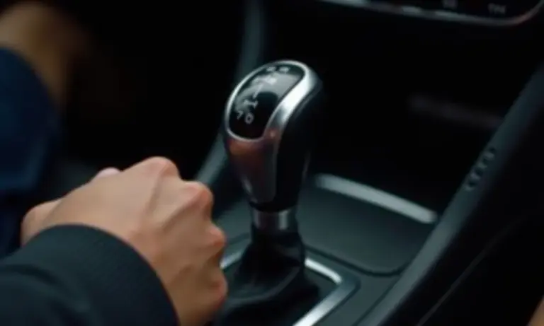 Detalhe do câmbio no modo Sport, com a mão do motorista em evidência.