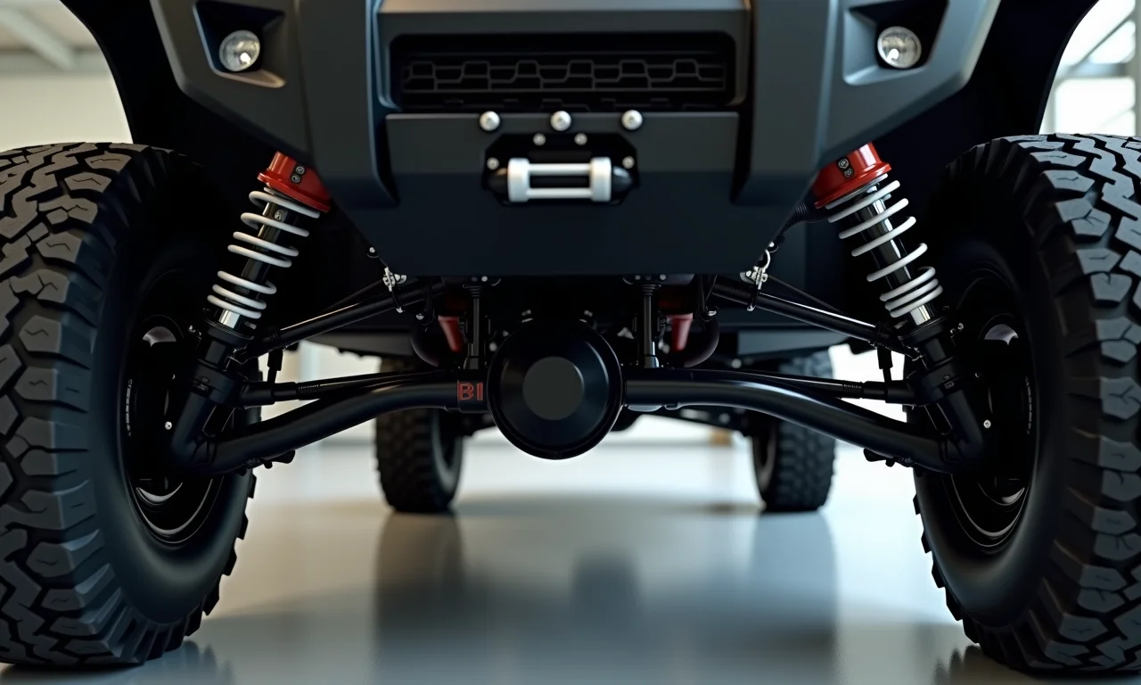 Detalhe do chassi de longarinas de um SUV.