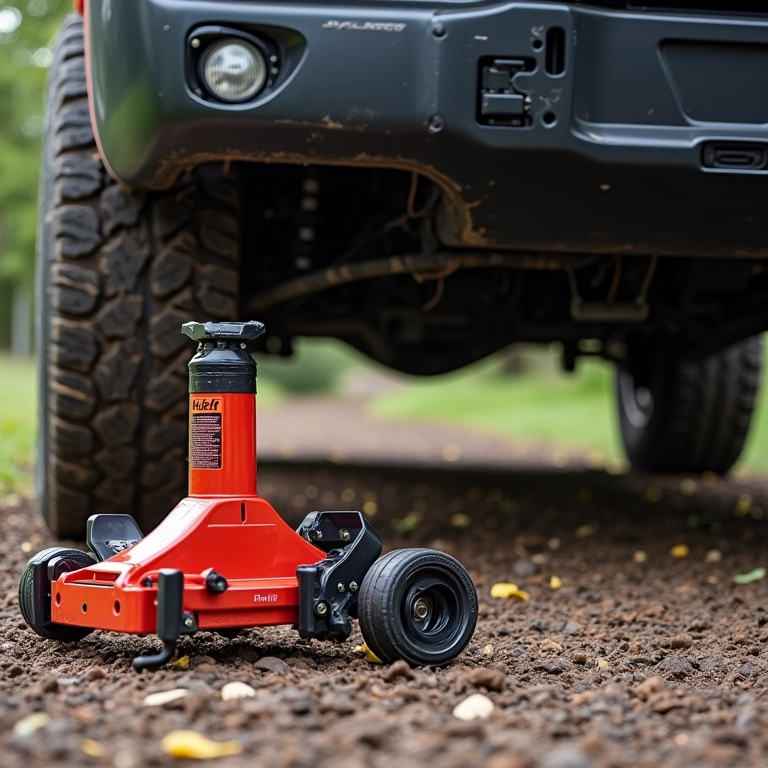 Detalhe do macaco Hi-Lift erguendo um 4x4.