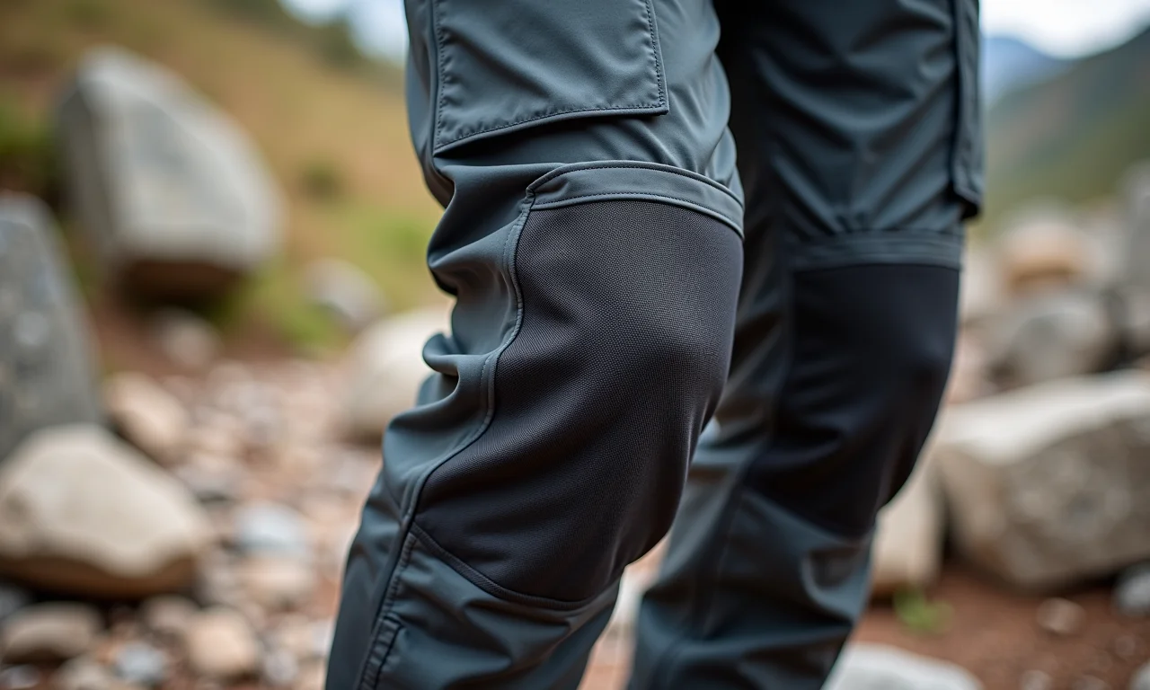 Detalhe do reforço no joelho de uma calça de trekking, tecido resistente.