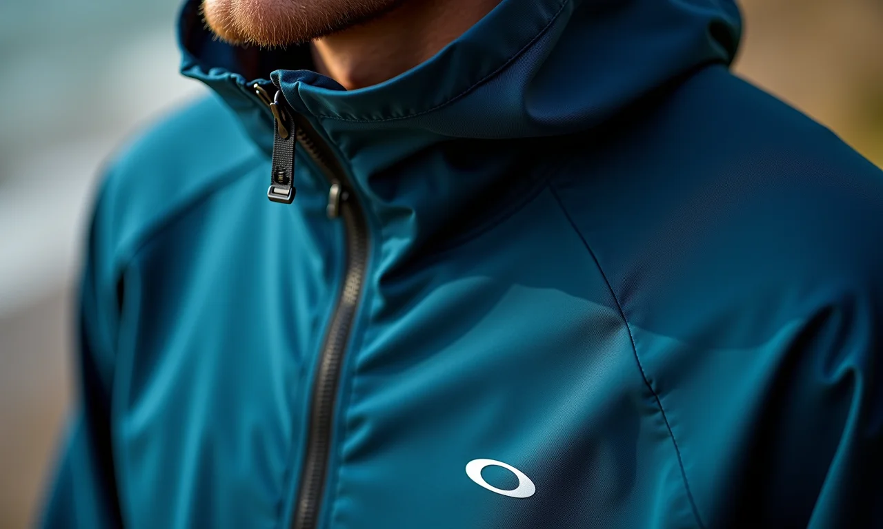 Detalhe do tecido tecnológico da jaqueta corta-vento Oakley.