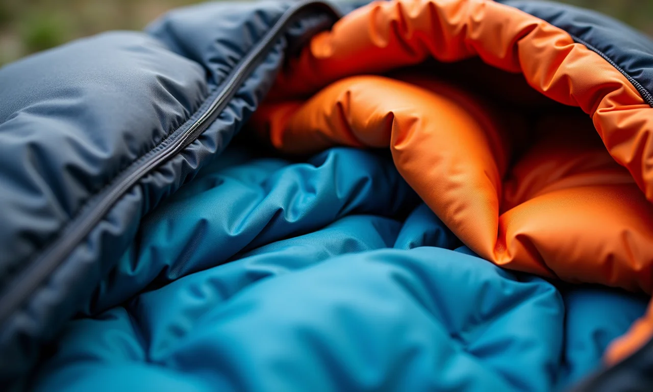 Detalhes dos materiais de isolamento térmico em um saco de dormir para frio intenso.