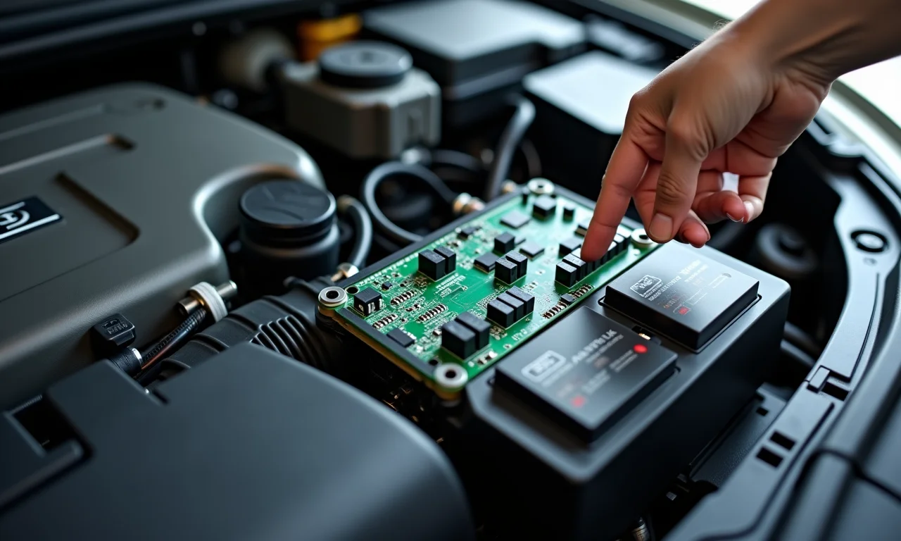 Diagnóstico da unidade de controle do motor (ECU) com equipamentos especializados, enfatizando a eletrônica sensível.