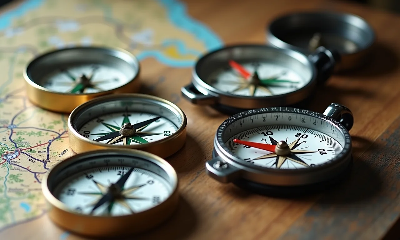 Diferentes tipos de bússolas para trekking em uma mesa rústica.