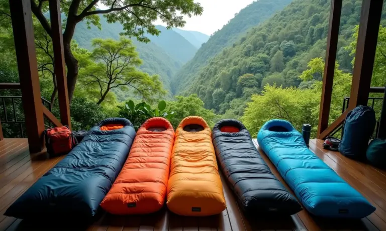 Diversos modelos de sacos de dormir Nautika em deck de madeira com vista para a floresta.