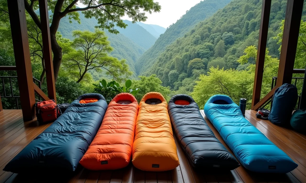 Diversos modelos de sacos de dormir Nautika em deck de madeira com vista para a floresta.