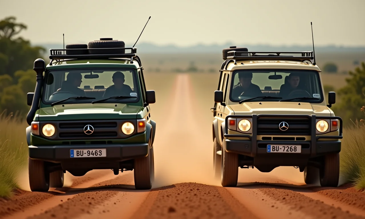 Dois veículos 4x4 comunicando-se por rádio durante um comboio em estrada de terra.