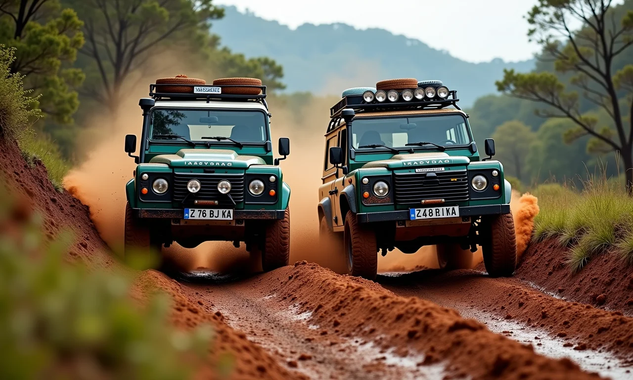 Dois veículos 4x4 superando desafio off-road em Aparados da Serra. Trabalho em equipe e superação.