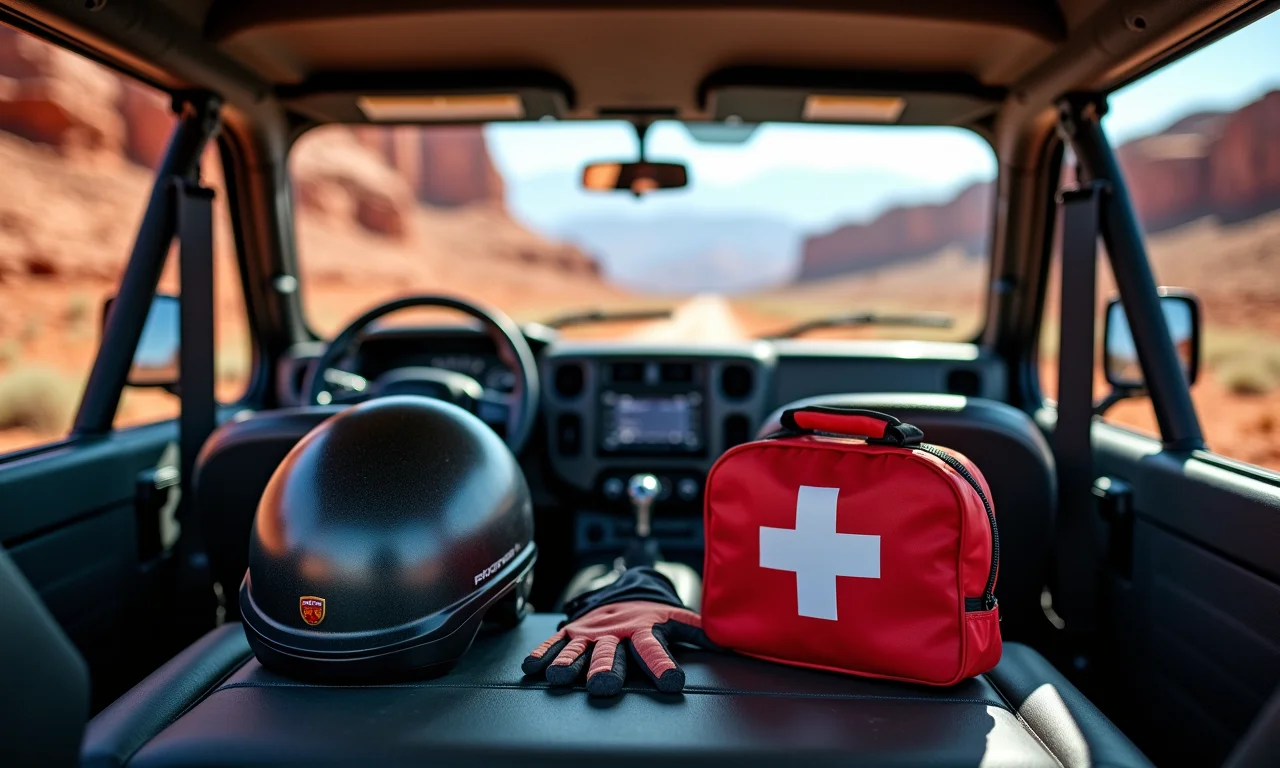 Equipamentos de segurança, capacetes, luvas e kit de primeiros socorros em 4x4.