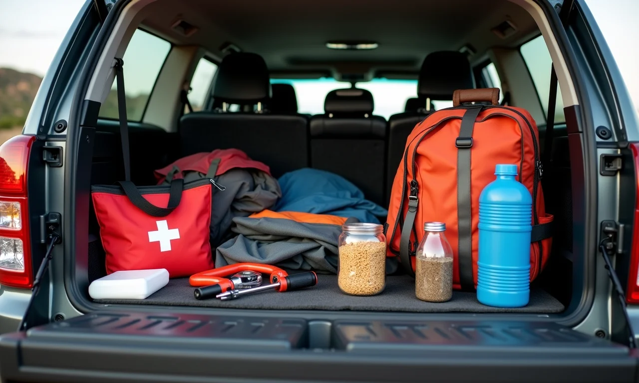 Equipamentos essenciais organizados no porta-malas de um 4x4 para overlanding.
