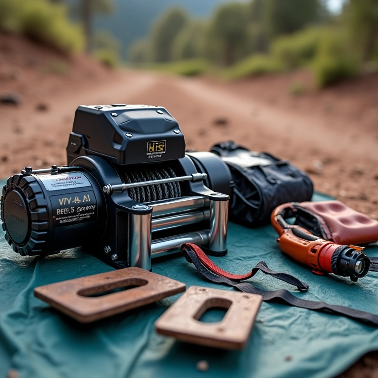 Equipamentos essenciais para trilha 4x4, incluindo guincho, pá e pranchas.