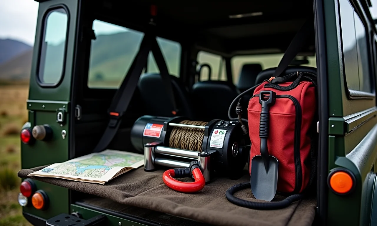 Equipamentos essenciais para viagem 4x4 na Patagônia: guincho, pá, rádio.