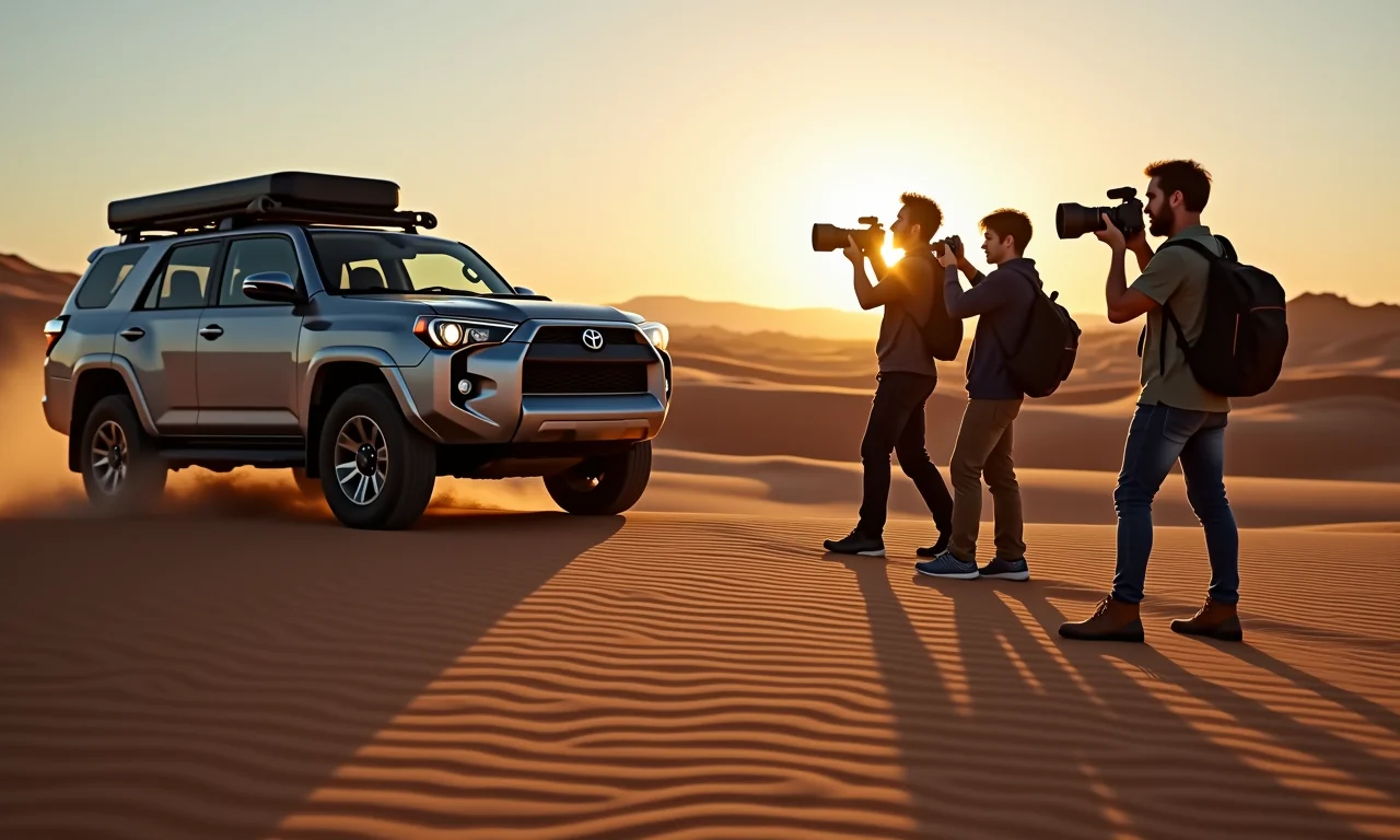 Equipe de fotógrafos escolhendo lentes versáteis para expedição 4x4.