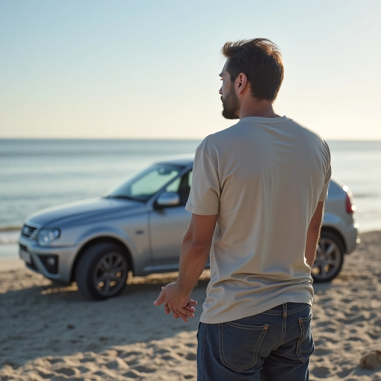 Especialista dando dicas sobre carro na praia.