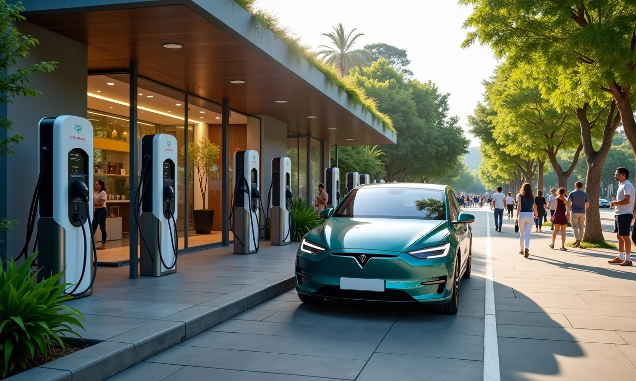 Estação de recarga para carros elétricos em uma cidade brasileira moderna.