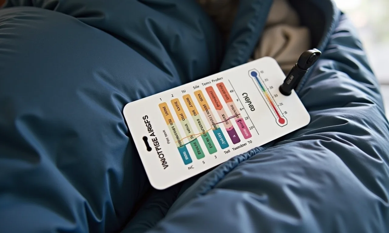 Etiqueta de saco de dormir de casal com indicação de temperatura.