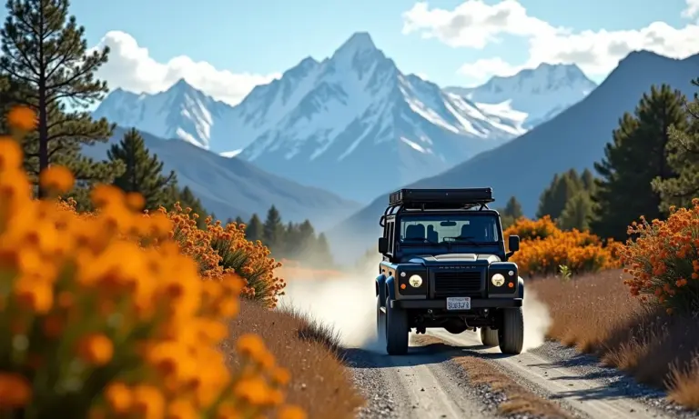 Expedição 4x4 na Carretera Austral com montanhas ao fundo.