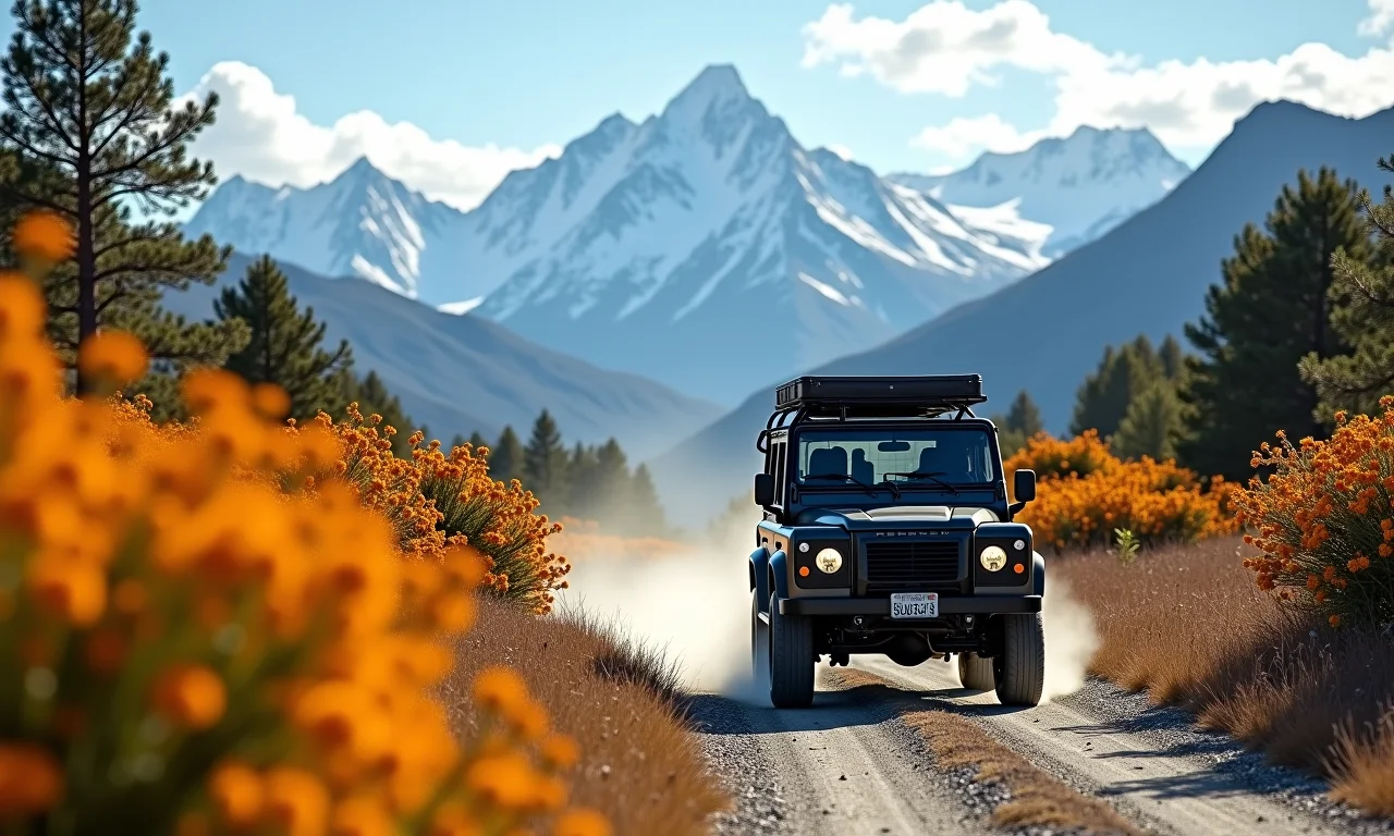 Expedição 4x4 na Carretera Austral com montanhas ao fundo.