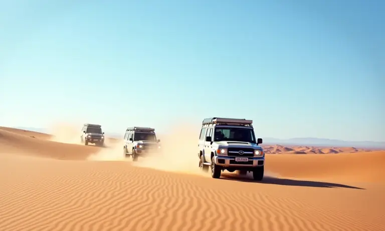 Expedição 4x4 no Deserto do Atacama em maio, com veículos percorrendo a paisagem árida.