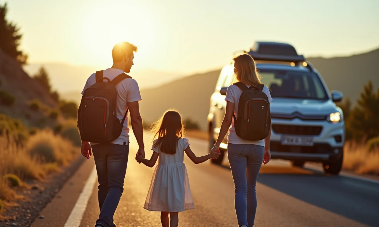 Família aproveitando uma parada em um mirante panorâmico.