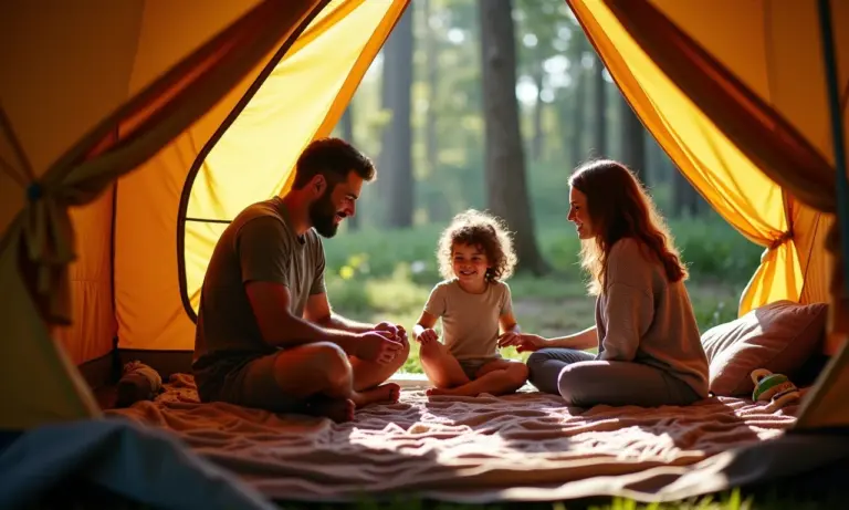 Família montando uma barraca de camping espaçosa em uma floresta brasileira exuberante.