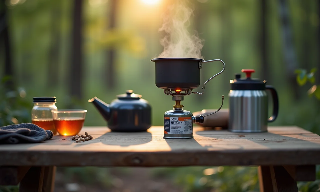 Fogareiro a álcool leve e compacto em mesa de camping.
