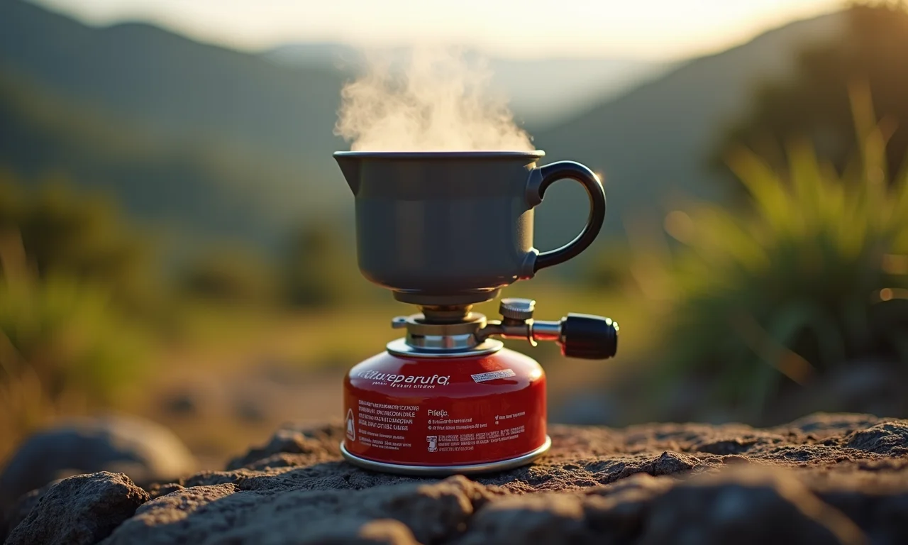 Fogareiro a gás com cartucho fervendo água para café em camping.