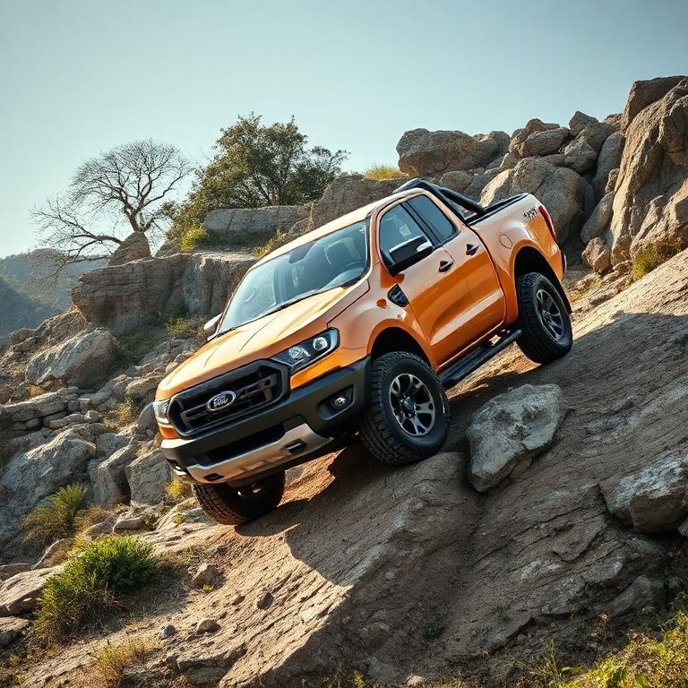 Ford Ranger escalando uma colina rochosa em Minas Gerais, mostrando sua força.