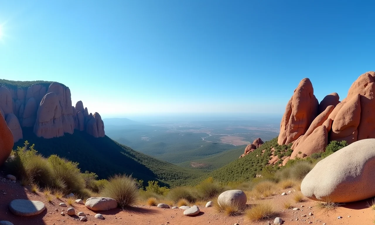 Formações rochosas únicas no Curral de Pedras, com o céu azul e a paisagem vasta ao fundo.