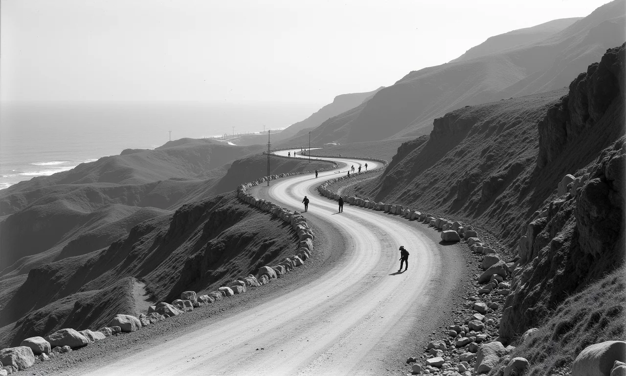 Foto histórica da construção da Estrada da Graciosa.