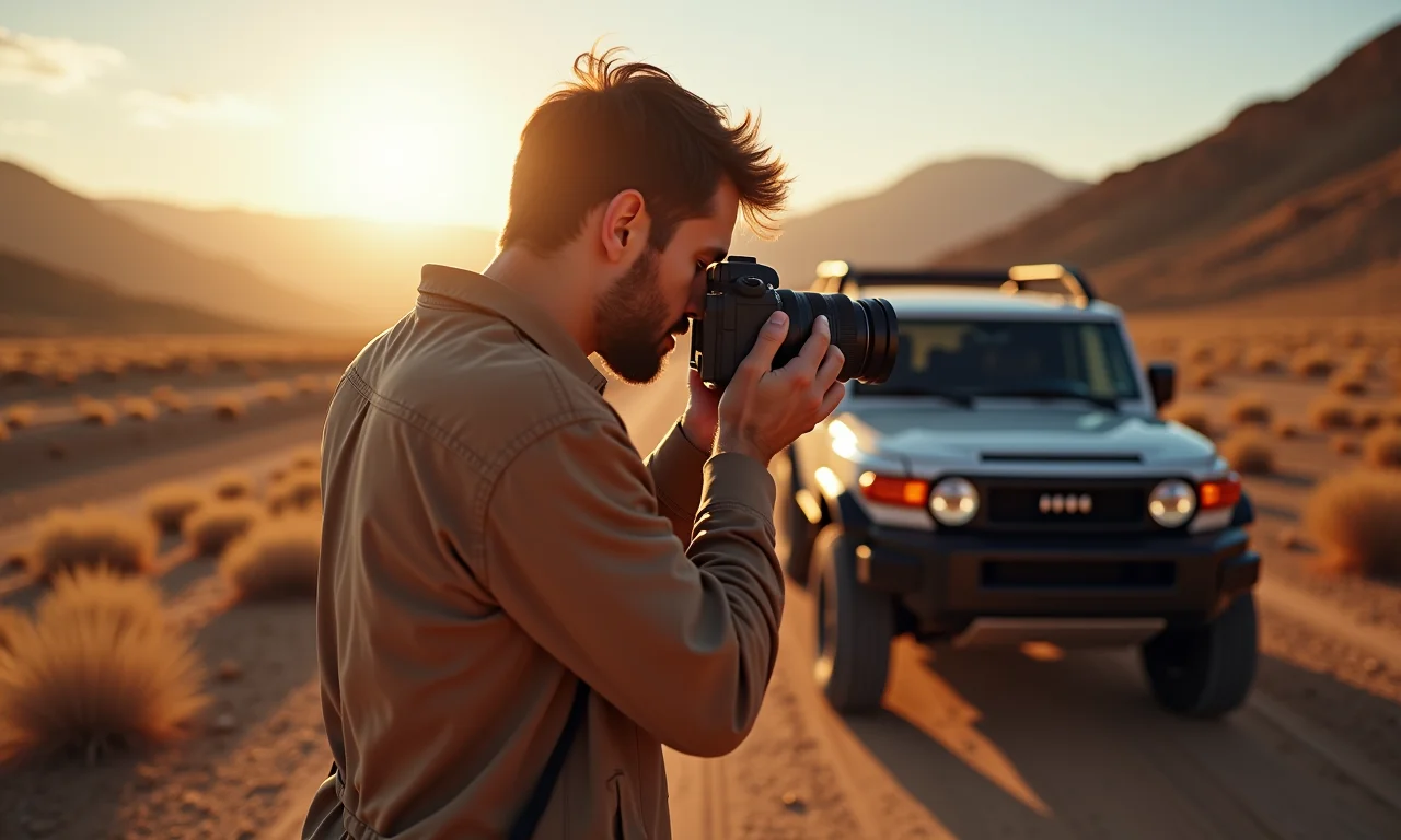 Fotógrafo aplicando filtro na lente durante expedição 4x4.