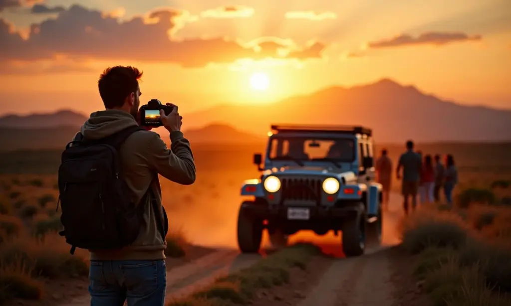 Fotógrafo em expedição 4x4 capturando paisagem deslumbrante ao pôr do sol.