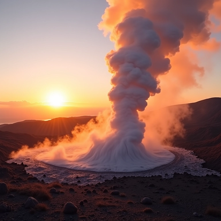 Gêiseres del Tatio em erupção ao nascer do sol.